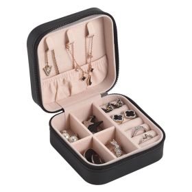 Portable Jewelry Storage Box Travel Earrings Necklace Ring Display Case Leather Storage Organizer Earring Holder Organizer (Ships From: China, Color: Black)