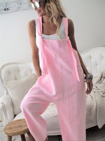 Women Fashion Literature Retro Cotton Linen Bib Pants Casual Loose Sleeveless Long Jumpsuit Spaghetti Strap Harem Trousers (Color: Pink, size: XL)